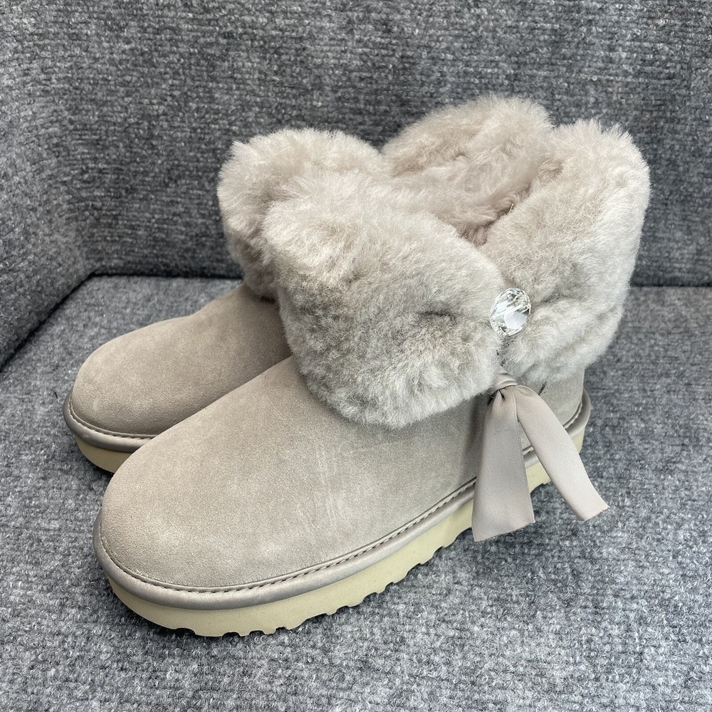 UGG Cinched Fur Mini Women's Size 5 Gray Suede Shearling Ankle Boots NEW